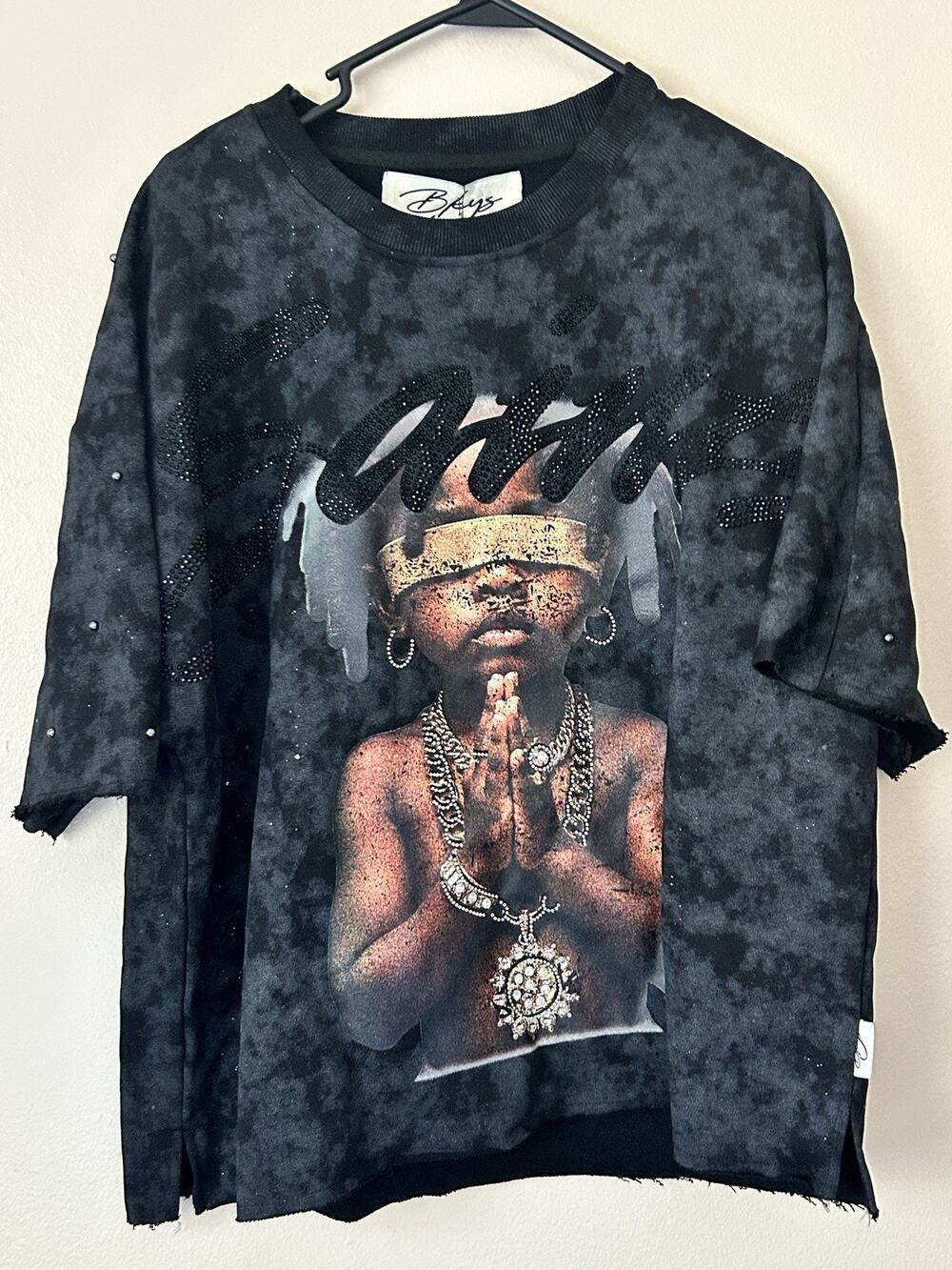 BKYS Black Acid Wash Graphic Rhinestone "Saints" Sweatshirt Size L